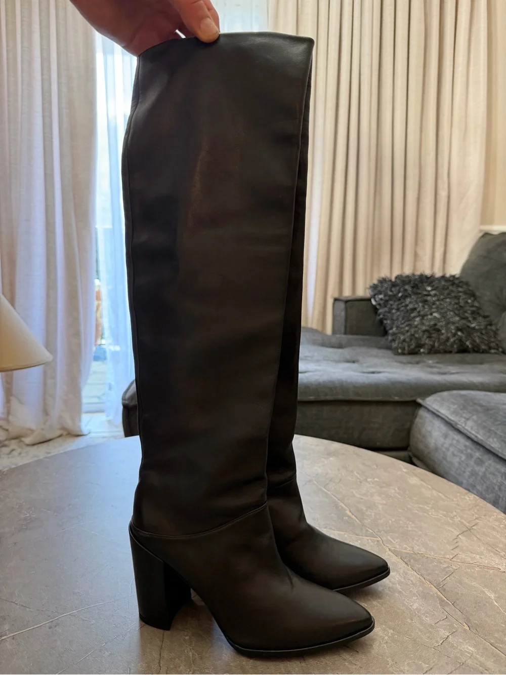 Stuart Weitzman Black Leather Knee-High Slouch Boots Block Heel Size 7.5 M